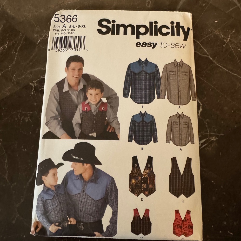 Simplicity 5366 Sewing Pattern Boys Mens Western Shirt and Vest Size S-XL UNCUT